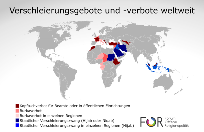 Verschleierung Gebote und Verbote Kopftuchverbot, Burkaverbot, Kopftuchzwang, Niqabzwang weltweit, Weltkarte
